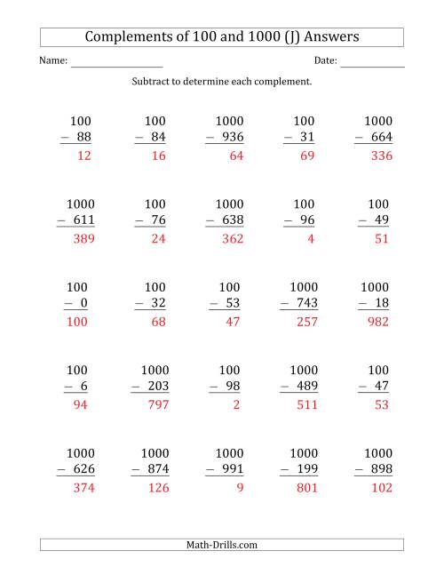 The Complements of 100 and 1000 by Subtracting (J) Math Worksheet Page 2