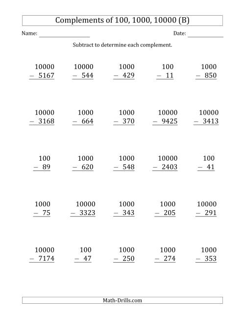 The Complements of 100, 1000 and 10000 by Subtracting (B) Math Worksheet
