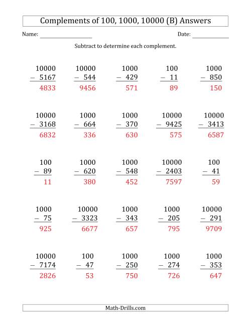 The Complements of 100, 1000 and 10000 by Subtracting (B) Math Worksheet Page 2