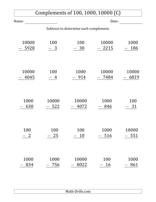 The Complements of 100, 1000 and 10000 by Subtracting (C) Math Worksheet