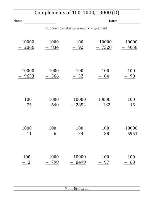 The Complements of 100, 1000 and 10000 by Subtracting (D) Math Worksheet