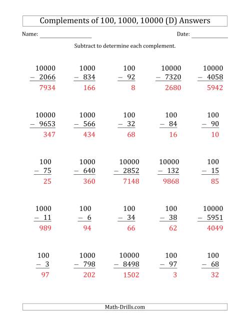 The Complements of 100, 1000 and 10000 by Subtracting (D) Math Worksheet Page 2
