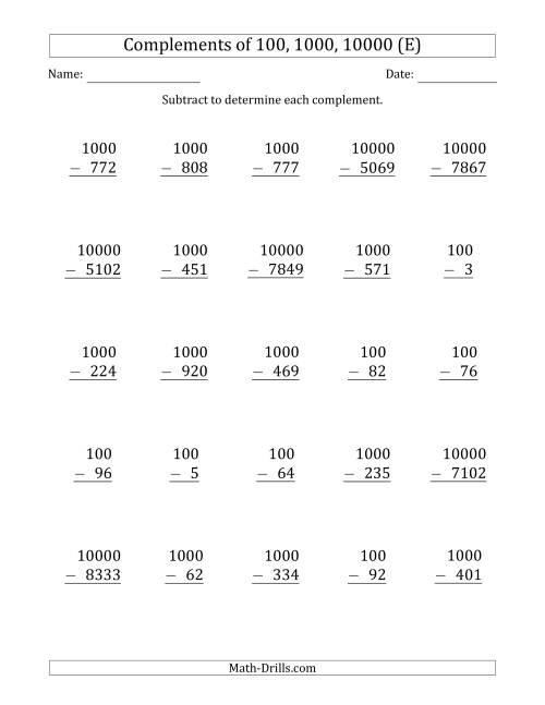 The Complements of 100, 1000 and 10000 by Subtracting (E) Math Worksheet