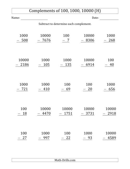 The Complements of 100, 1000 and 10000 by Subtracting (H) Math Worksheet