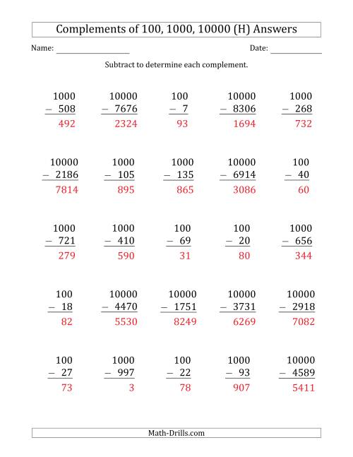 The Complements of 100, 1000 and 10000 by Subtracting (H) Math Worksheet Page 2