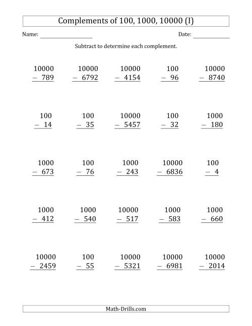 The Complements of 100, 1000 and 10000 by Subtracting (I) Math Worksheet