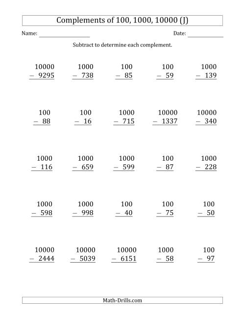 The Complements of 100, 1000 and 10000 by Subtracting (J) Math Worksheet