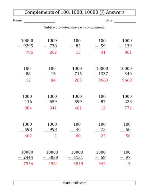The Complements of 100, 1000 and 10000 by Subtracting (J) Math Worksheet Page 2