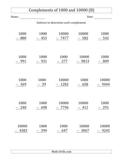 The Complements of 1000 and 10000 by Subtracting (B) Math Worksheet