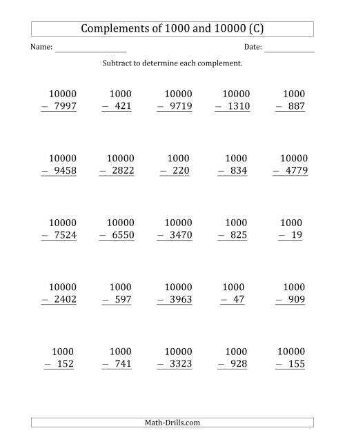 The Complements of 1000 and 10000 by Subtracting (C) Math Worksheet