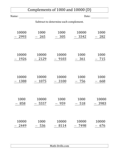 The Complements of 1000 and 10000 by Subtracting (D) Math Worksheet