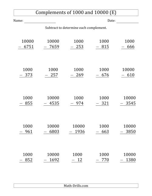 The Complements of 1000 and 10000 by Subtracting (E) Math Worksheet
