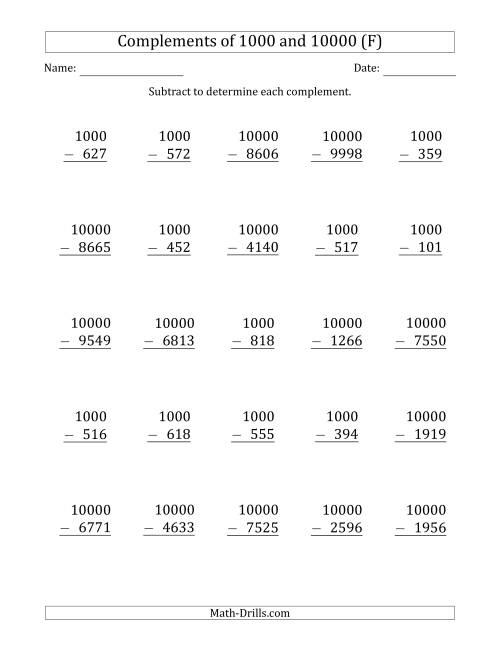 The Complements of 1000 and 10000 by Subtracting (F) Math Worksheet