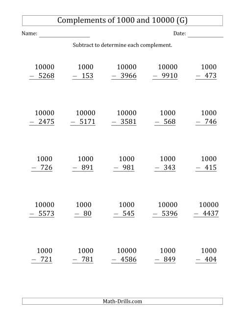 The Complements of 1000 and 10000 by Subtracting (G) Math Worksheet
