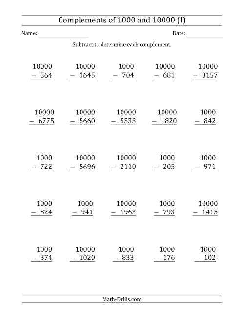 The Complements of 1000 and 10000 by Subtracting (I) Math Worksheet