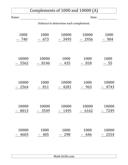 The Complements of 1000 and 10000 by Subtracting (All) Math Worksheet