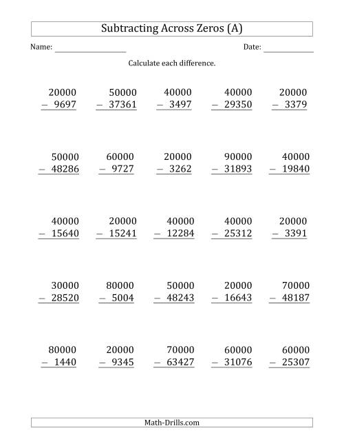 The Subtracting Across Zeros from Multiples of 10000 (A) Math Worksheet