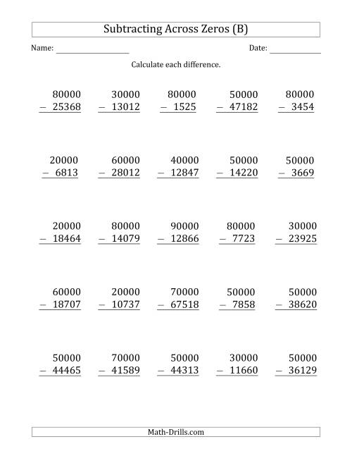 The Subtracting Across Zeros from Multiples of 10000 (B) Math Worksheet