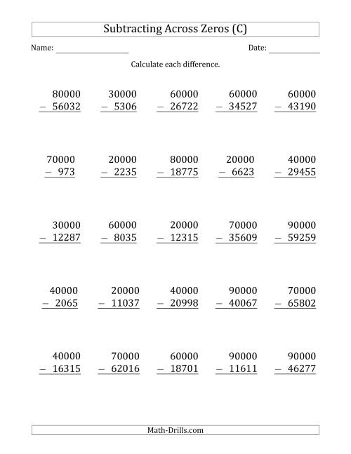 The Subtracting Across Zeros from Multiples of 10000 (C) Math Worksheet