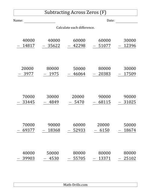 The Subtracting Across Zeros from Multiples of 10000 (F) Math Worksheet