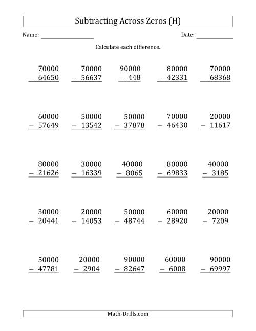The Subtracting Across Zeros from Multiples of 10000 (H) Math Worksheet