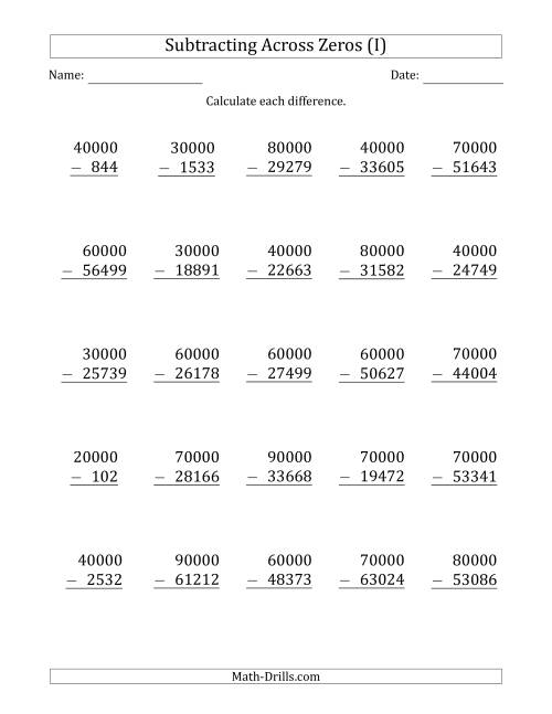 The Subtracting Across Zeros from Multiples of 10000 (I) Math Worksheet