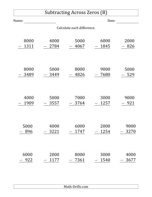 The Subtracting Across Zeros from Multiples of 1000 (B) Math Worksheet