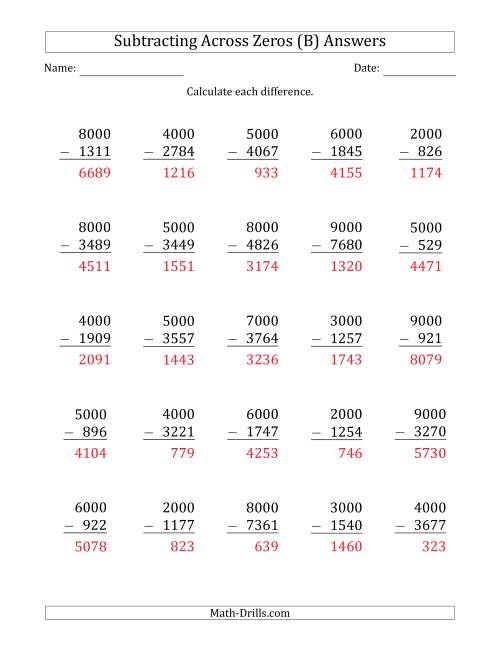The Subtracting Across Zeros from Multiples of 1000 (B) Math Worksheet Page 2