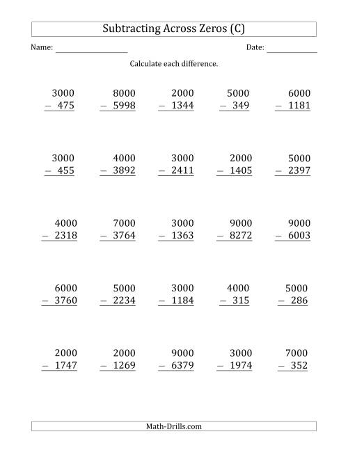 The Subtracting Across Zeros from Multiples of 1000 (C) Math Worksheet