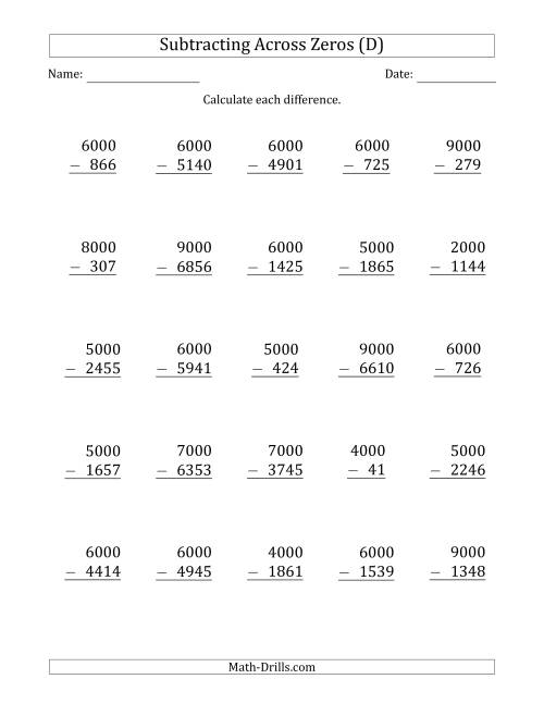 The Subtracting Across Zeros from Multiples of 1000 (D) Math Worksheet