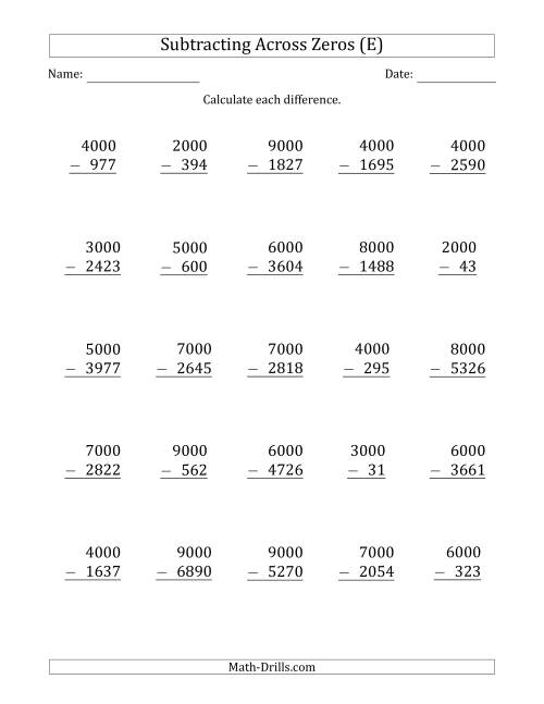 The Subtracting Across Zeros from Multiples of 1000 (E) Math Worksheet