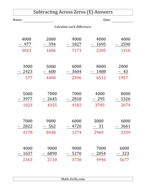 The Subtracting Across Zeros from Multiples of 1000 (E) Math Worksheet Page 2