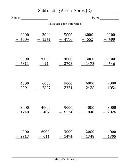 The Subtracting Across Zeros from Multiples of 1000 (G) Math Worksheet