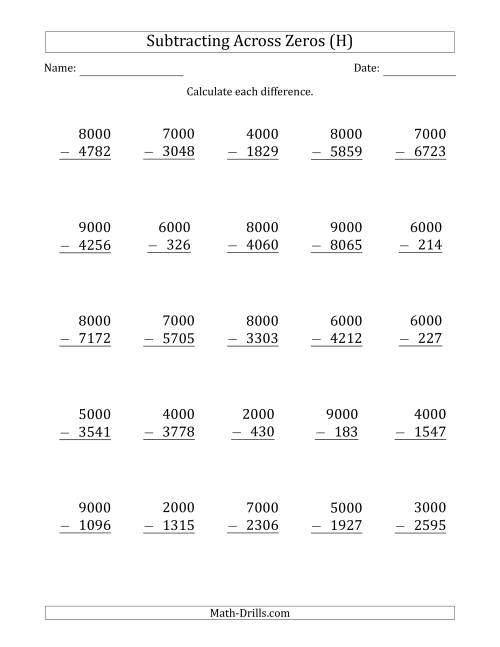 The Subtracting Across Zeros from Multiples of 1000 (H) Math Worksheet