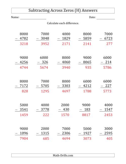 The Subtracting Across Zeros from Multiples of 1000 (H) Math Worksheet Page 2