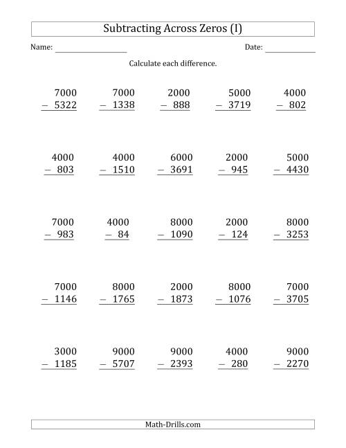 The Subtracting Across Zeros from Multiples of 1000 (I) Math Worksheet