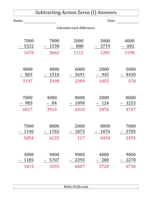 The Subtracting Across Zeros from Multiples of 1000 (I) Math Worksheet Page 2