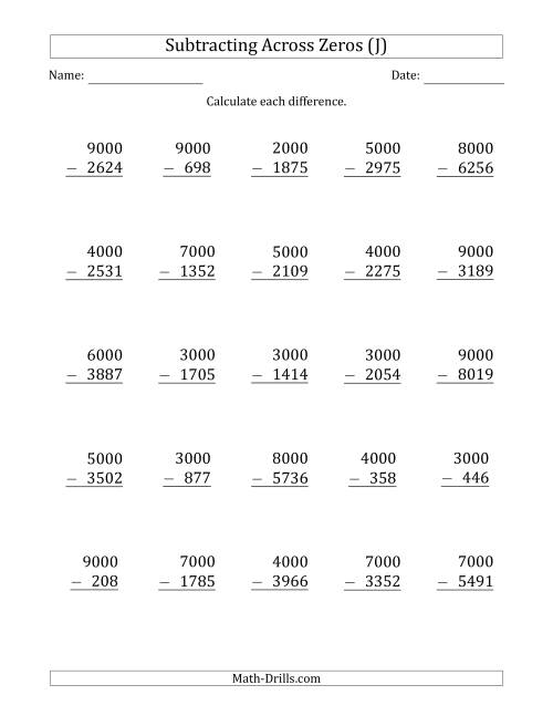 The Subtracting Across Zeros from Multiples of 1000 (J) Math Worksheet