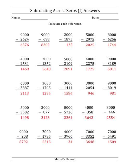 The Subtracting Across Zeros from Multiples of 1000 (J) Math Worksheet Page 2