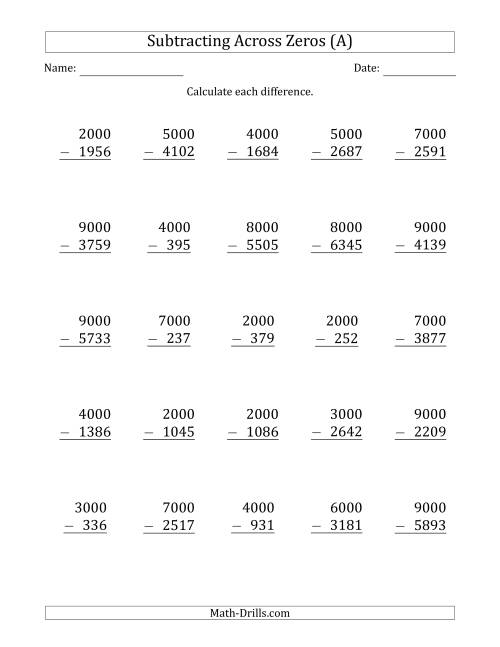 The Subtracting Across Zeros from Multiples of 1000 (All) Math Worksheet