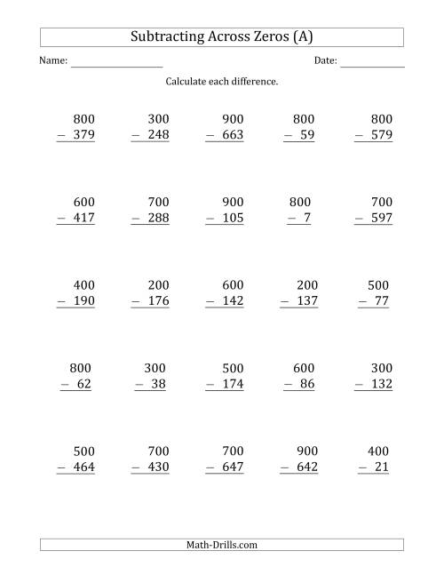 The Subtracting Across Zeros from Multiples of 100 (A) Math Worksheet