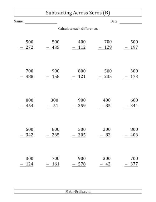 The Subtracting Across Zeros from Multiples of 100 (B) Math Worksheet