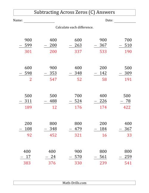 The Subtracting Across Zeros from Multiples of 100 (C) Math Worksheet Page 2