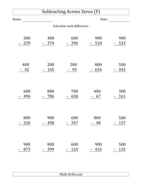 The Subtracting Across Zeros from Multiples of 100 (F) Math Worksheet