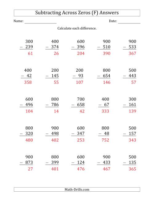 The Subtracting Across Zeros from Multiples of 100 (F) Math Worksheet Page 2