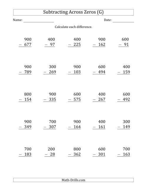 The Subtracting Across Zeros from Multiples of 100 (G) Math Worksheet
