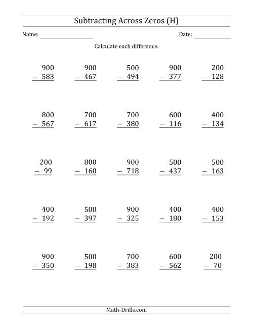 The Subtracting Across Zeros from Multiples of 100 (H) Math Worksheet