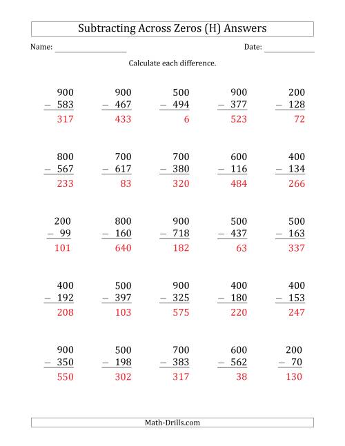 The Subtracting Across Zeros from Multiples of 100 (H) Math Worksheet Page 2