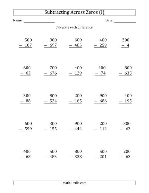 The Subtracting Across Zeros from Multiples of 100 (I) Math Worksheet