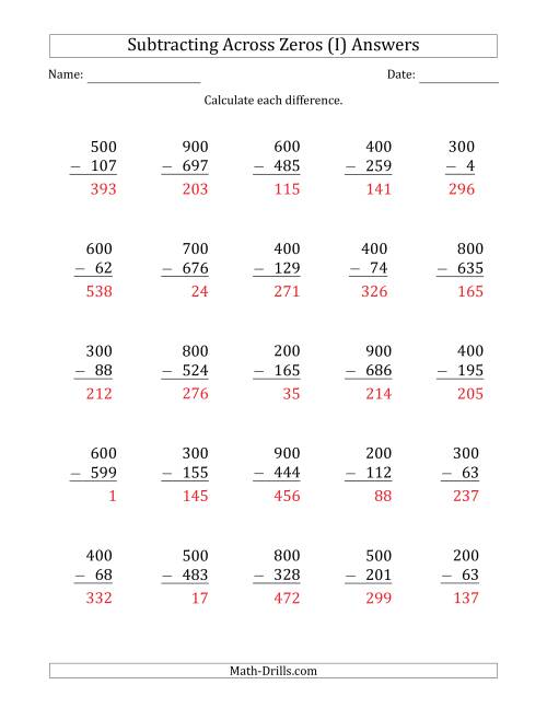 The Subtracting Across Zeros from Multiples of 100 (I) Math Worksheet Page 2